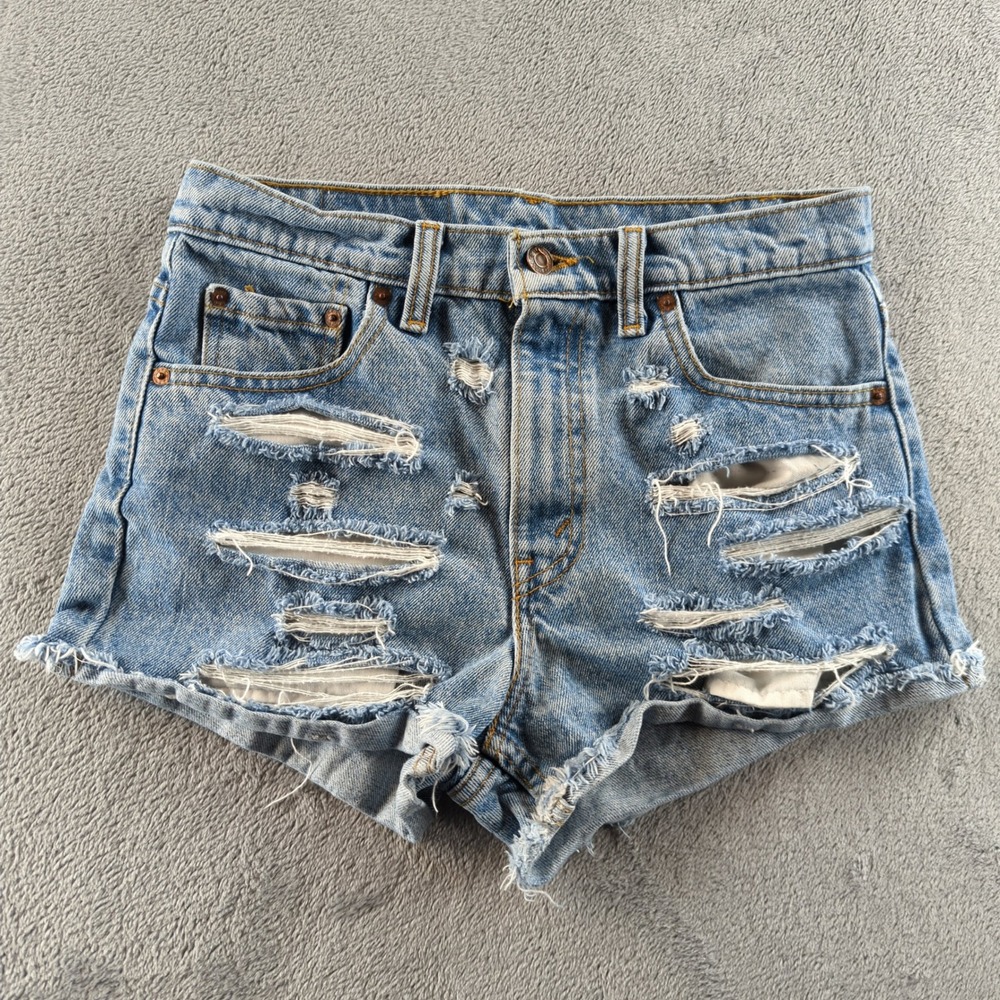 Vintage 90s Levis Shorts Womens 30 (Fits 28) Blue Distressed Cut Off Rip Trashed